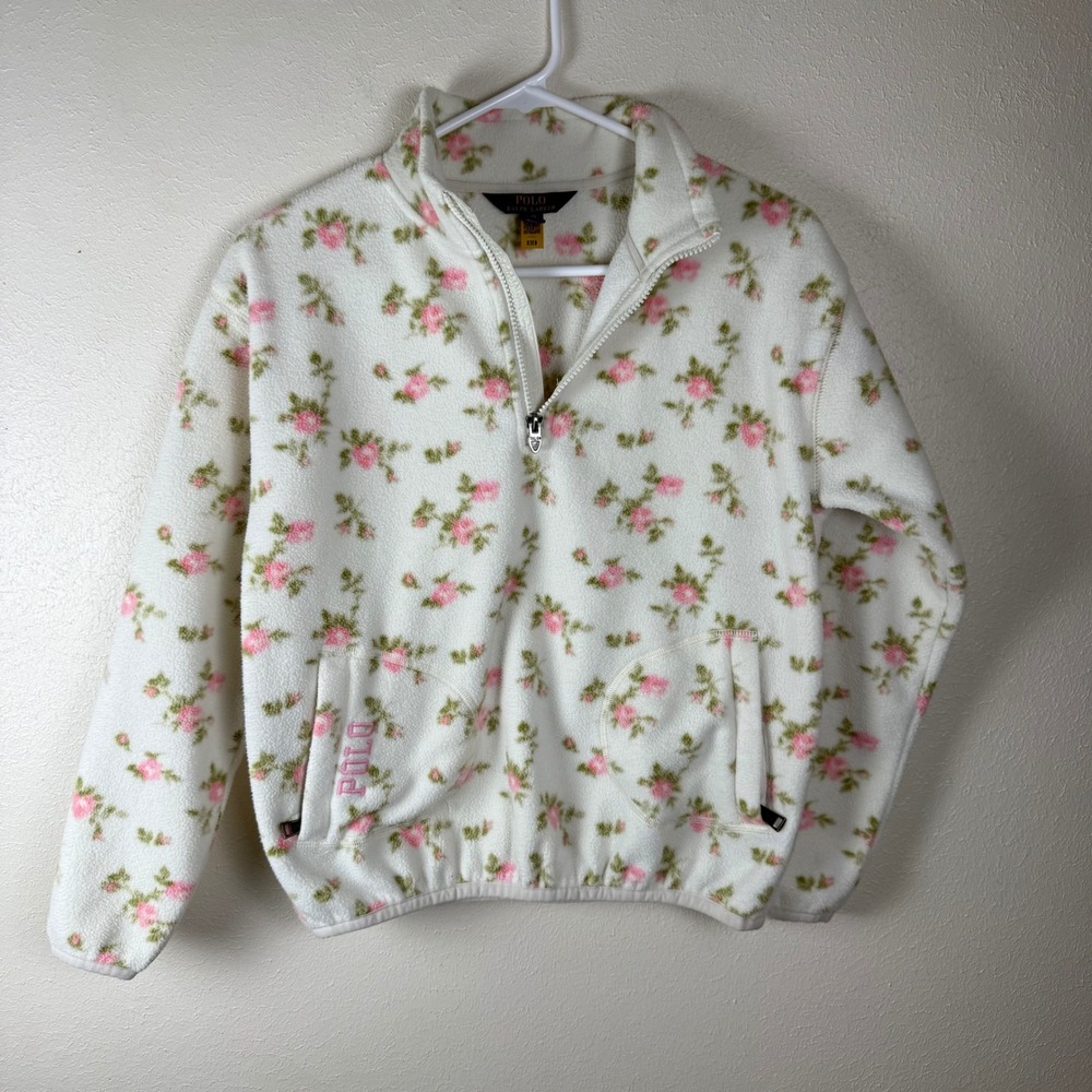 Polo Ralph Lauren Girls Fleece Pullover Zip Floral Rose Cream Pink L 12-14